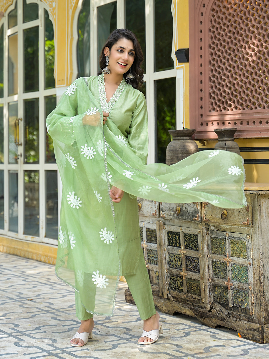 Mint Green Embroidered Pakistani Kurta Set With Embroidered Dupatta