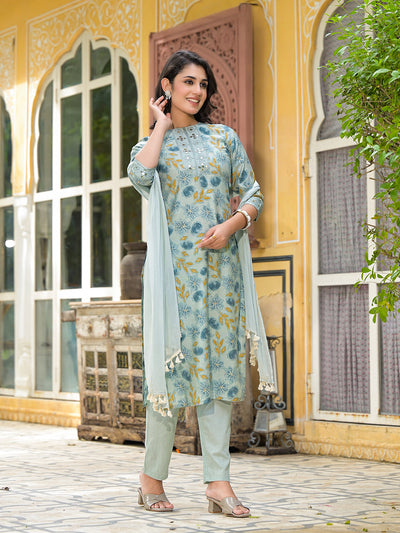 Dusty Blue Floral Kurta Set With Dupatta