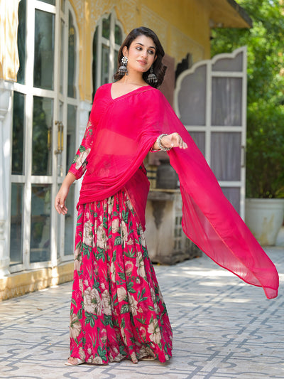 Magenta Floral Print Chinnon Lehenga Choli