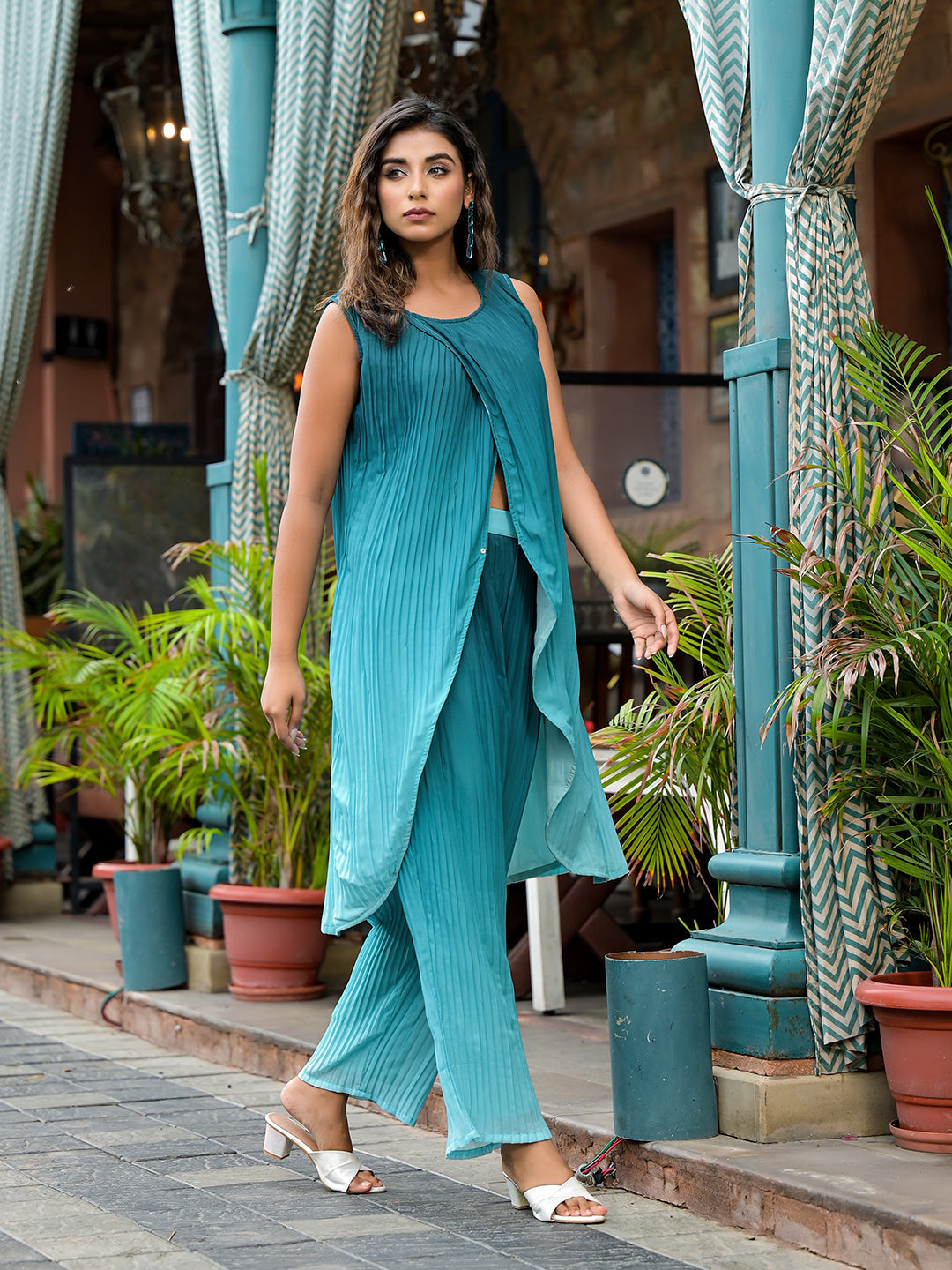 Green Ombre pleated Wrap Kurta Set