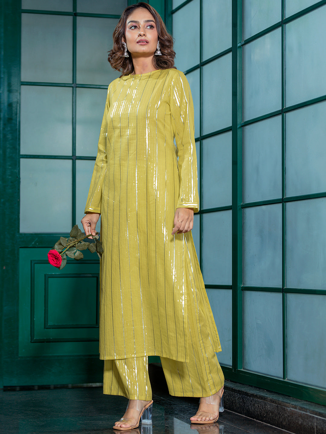 Lime Green Lurex Kurta Set