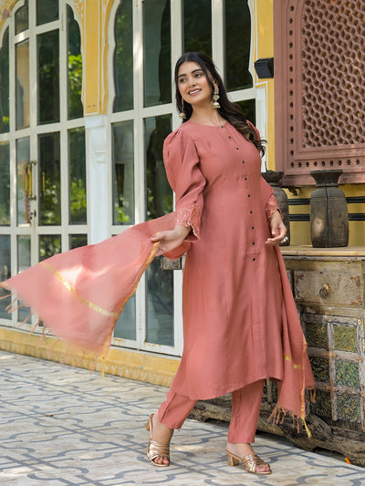 Brick Red A-Line Kurta Set With Dupatta