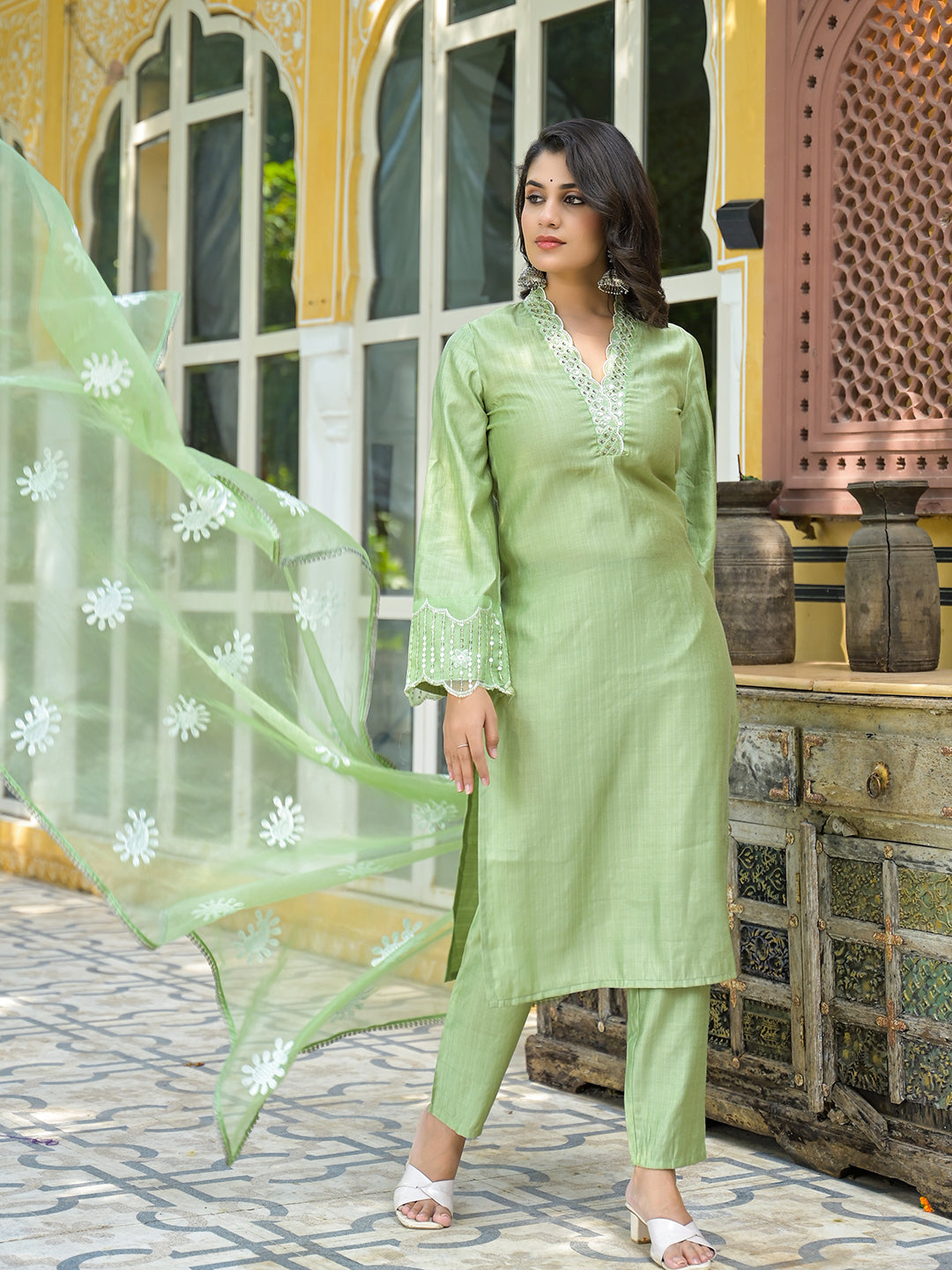 Mint Green Embroidered Pakistani Kurta Set With Embroidered Dupatta