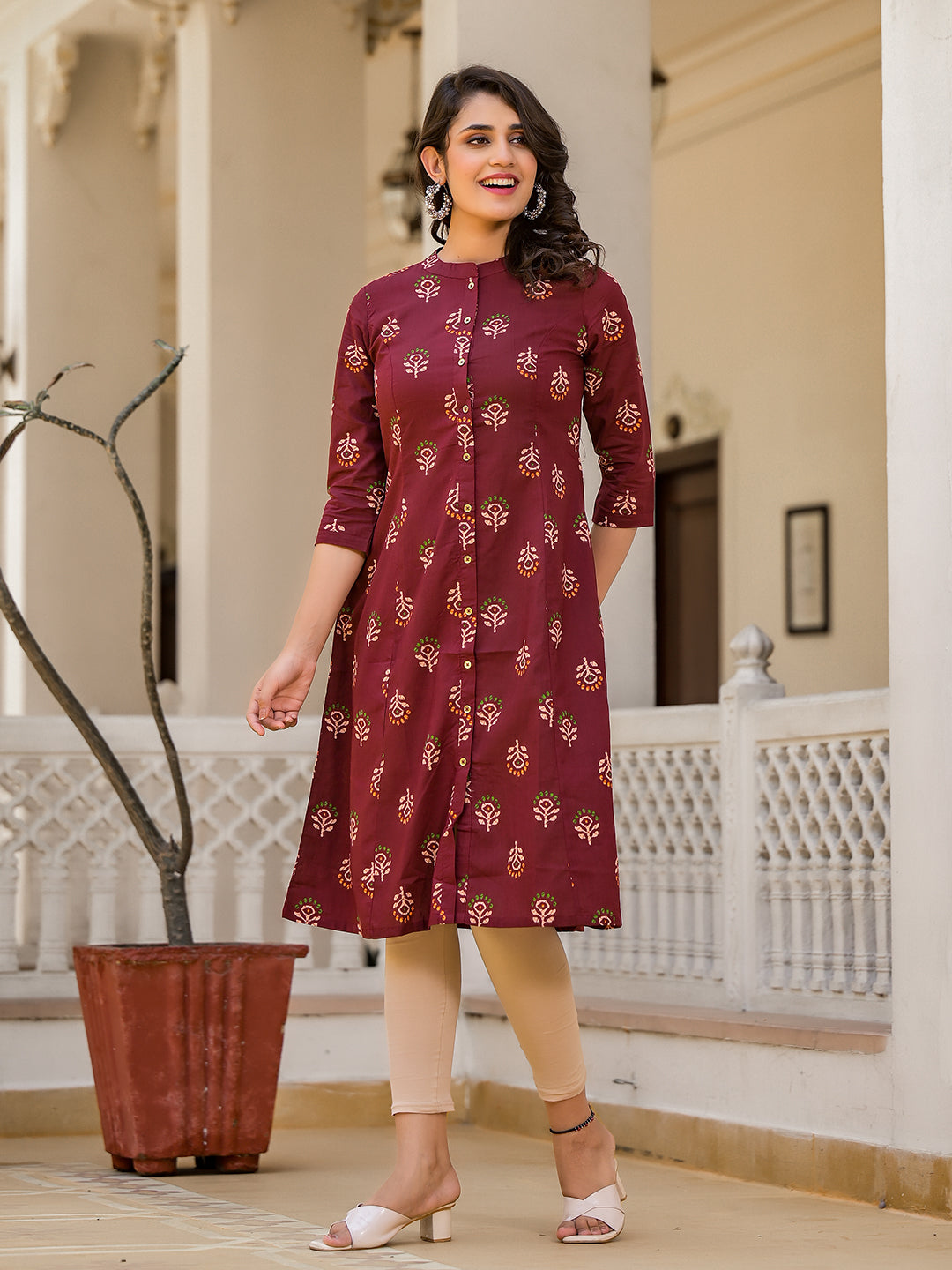 Maroon Button Down A-Line Kurta