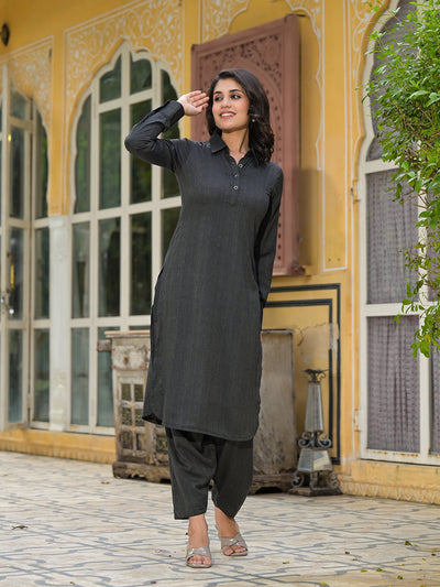 Black Self Design Pathani Kurta