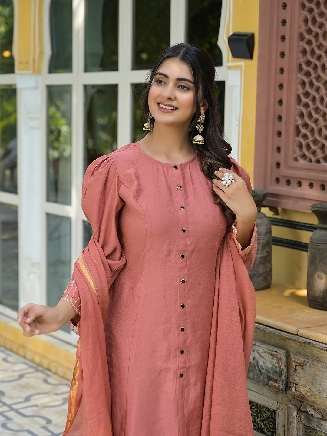 Brick Red A-Line Kurta Set With Dupatta