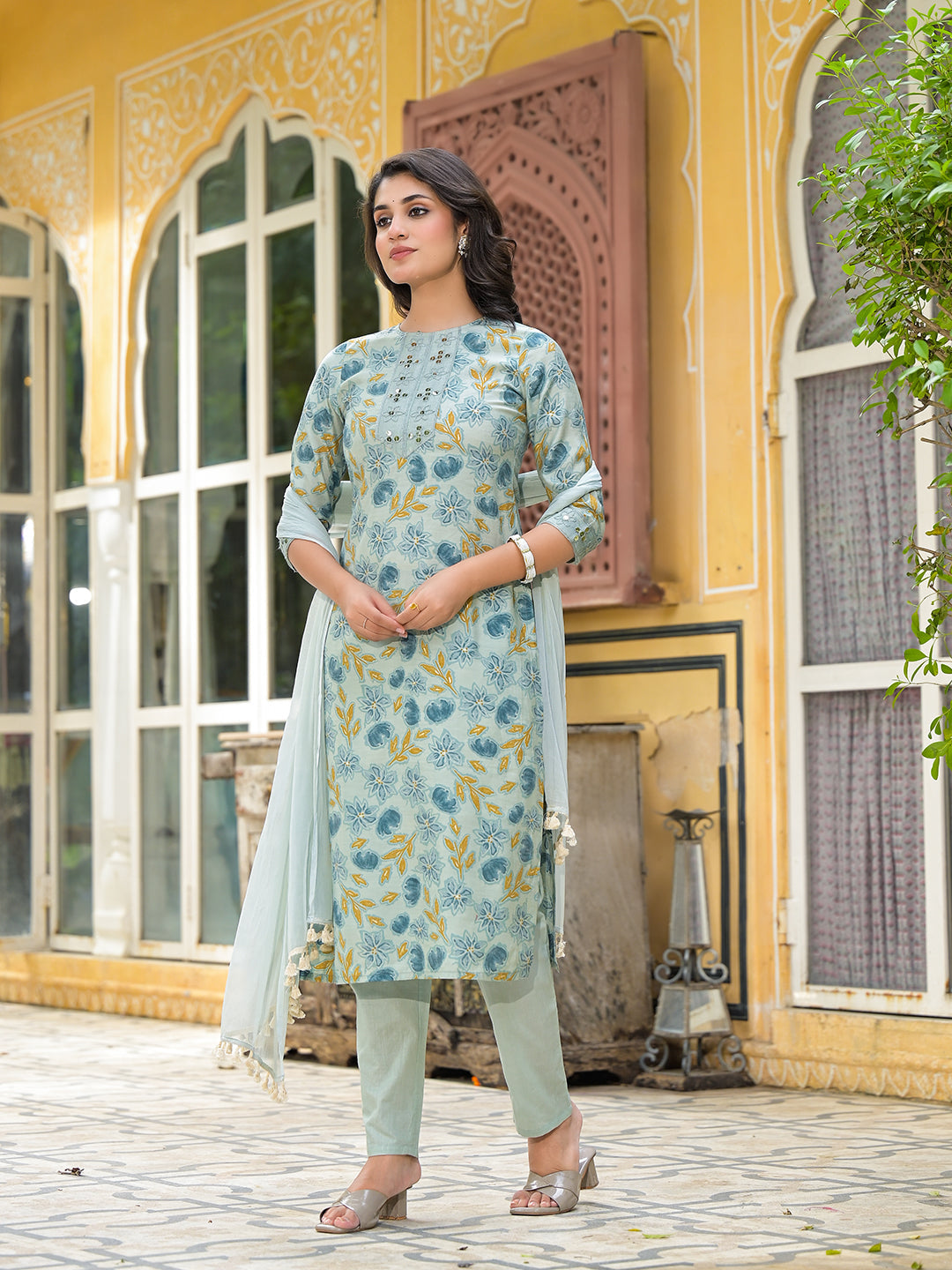 Dusty Blue Floral Kurta Set With Dupatta