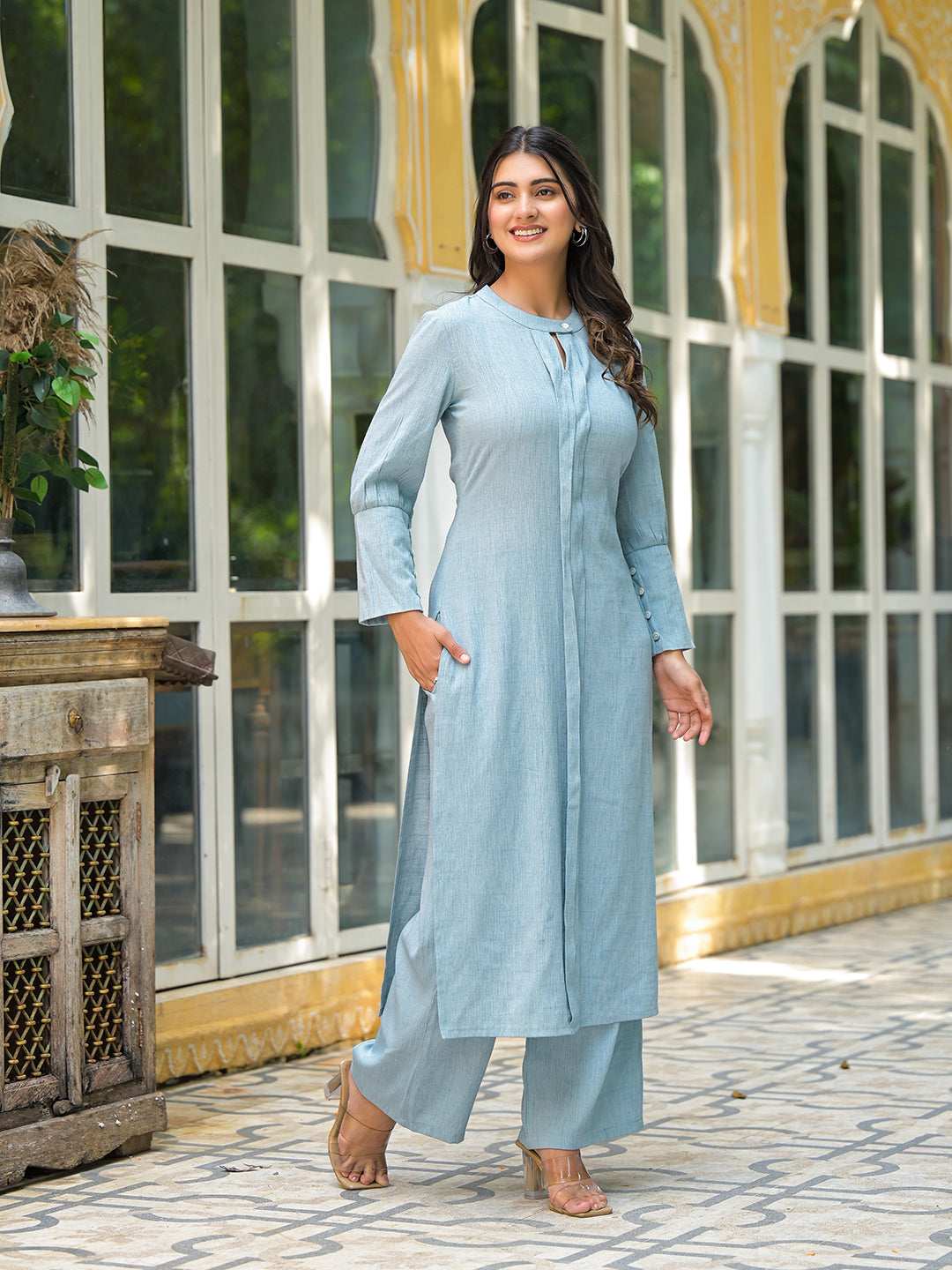 Powder Blue Solid Kurta with Palazzo