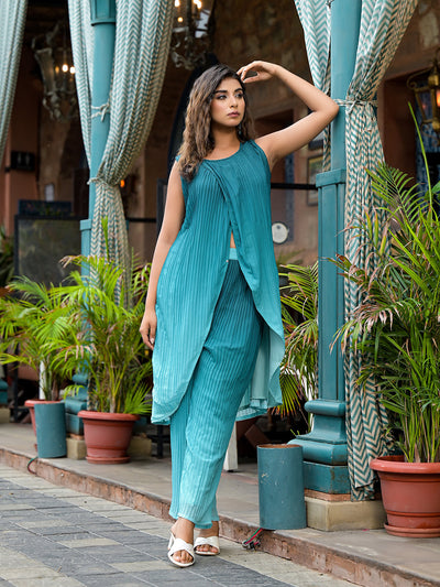 Green Ombre pleated Wrap Kurta Set