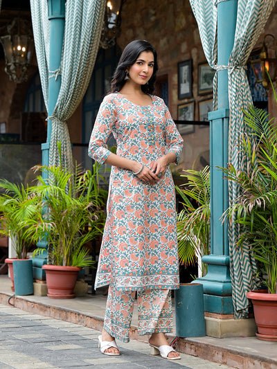 White Mughal Print Kurta Set with Palazzo