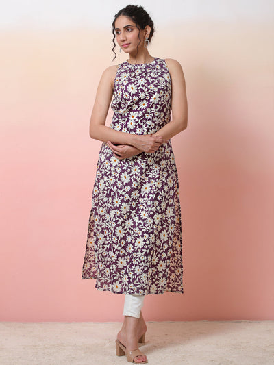 Purple Floral Print Straight Kurta