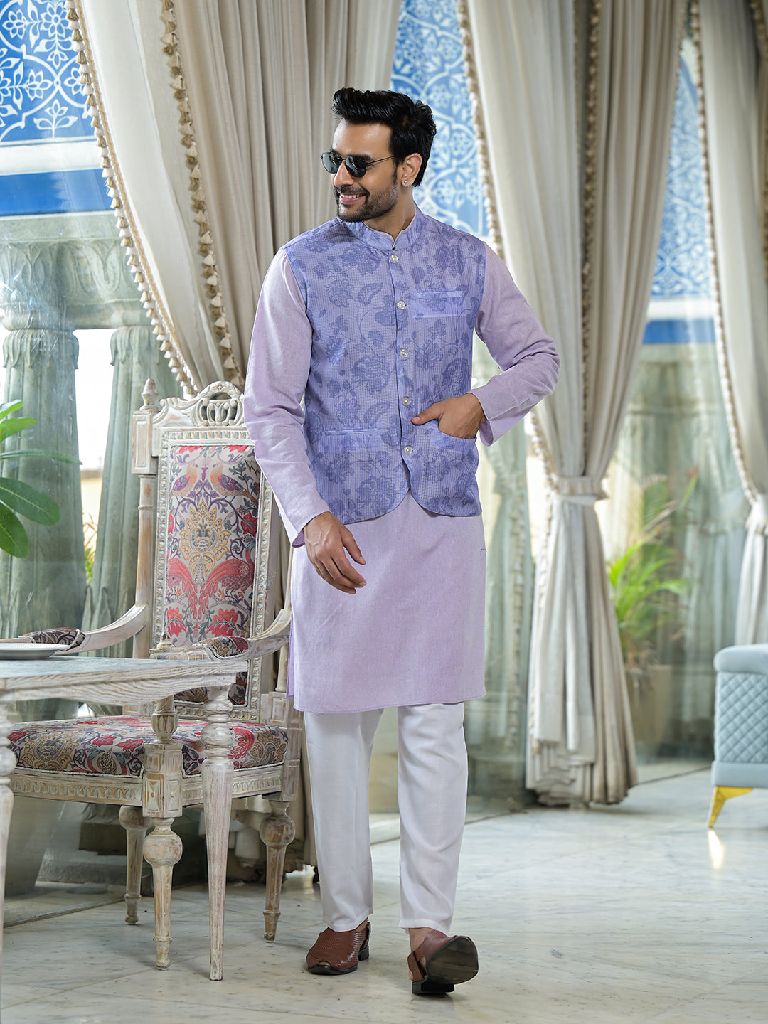 Lilac Color Floral print nehru jacket set