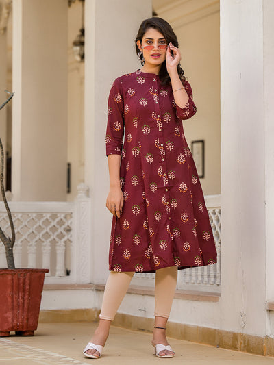 Maroon Button Down A-Line Kurta