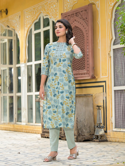 Dusty Blue Floral Kurta Set With Dupatta