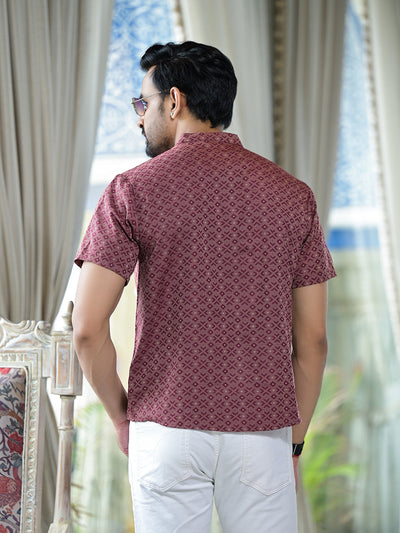 Maroon Woven Mandarin Collar Shirt