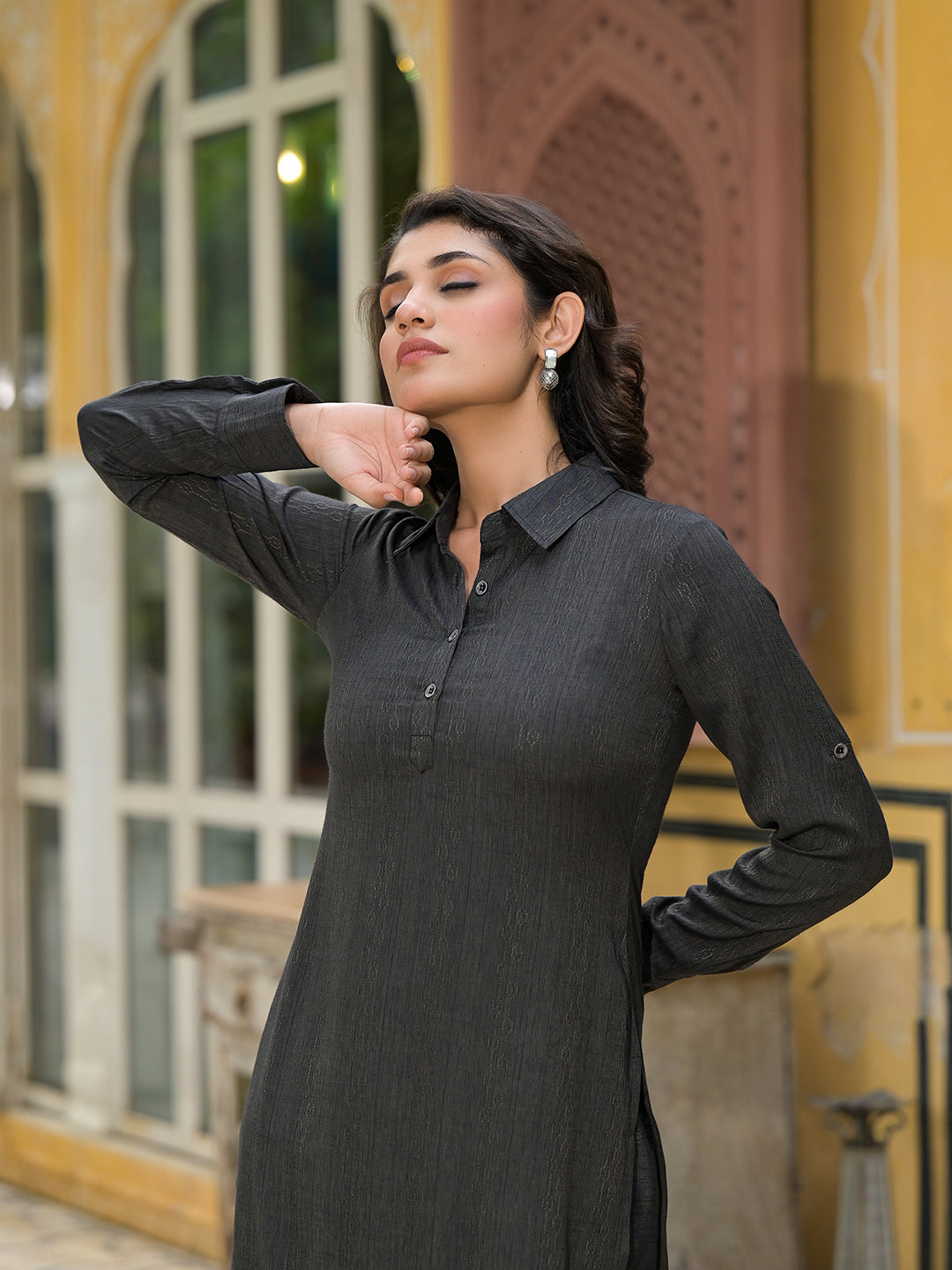 Black Self Design Pathani Kurta