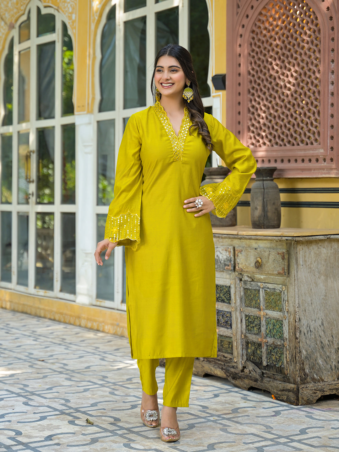 Lime Green Embroidered Pakistani Kurta Set With Embroidered Dupatta