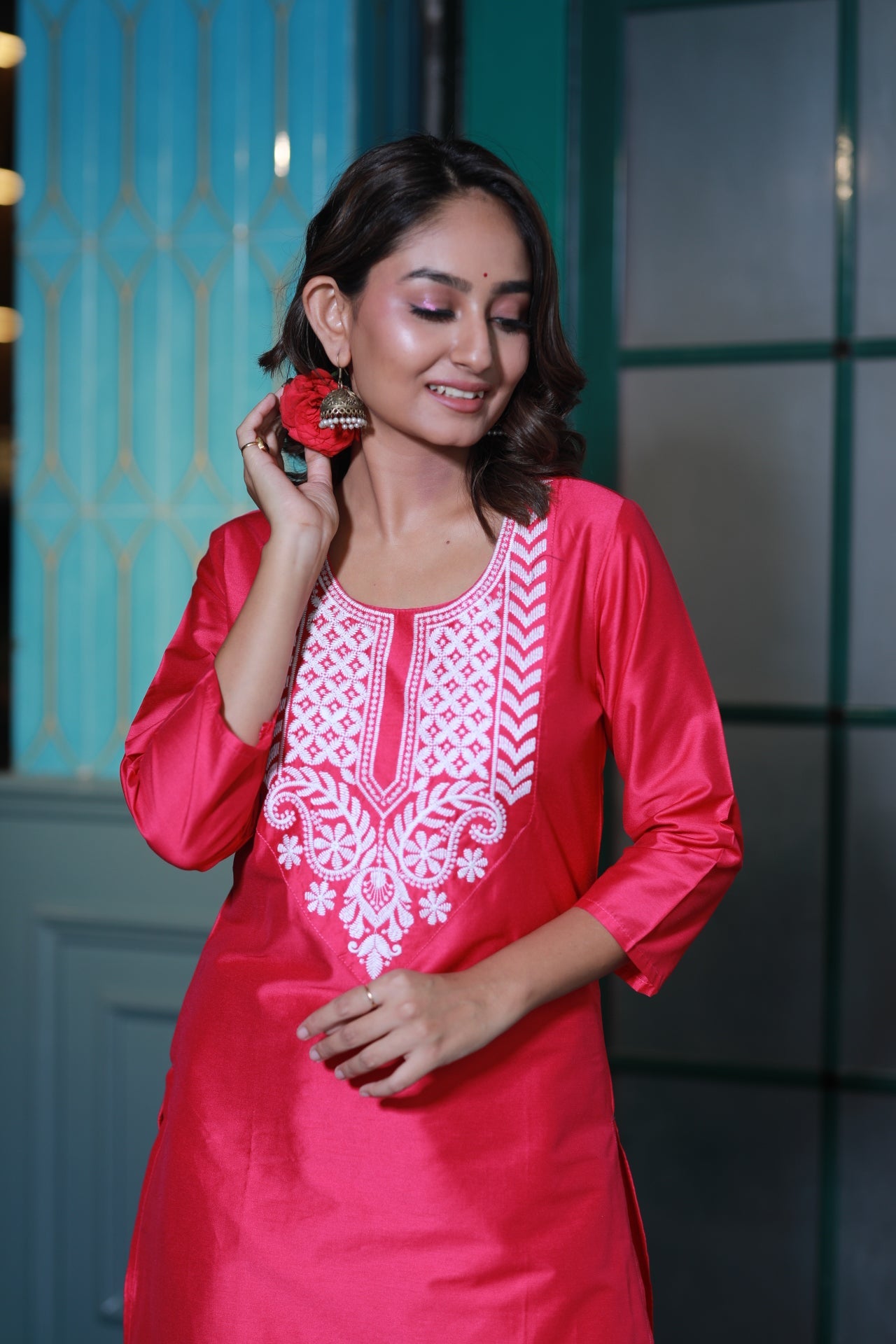 Hot Pink Embroidered Cotton Silk Kurta Set