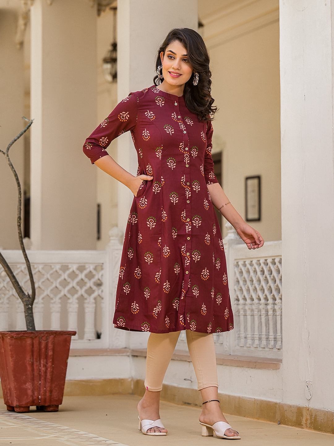 Maroon Button Down A-Line Kurta