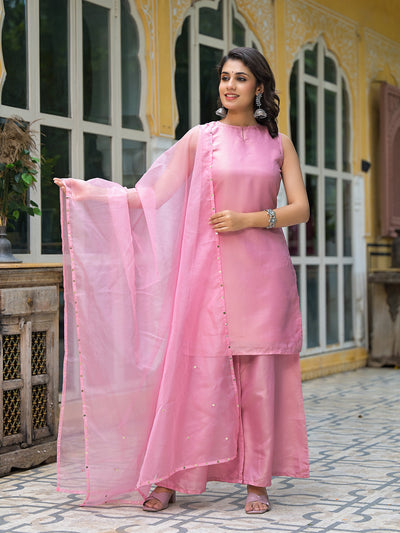 Blush Pink Sleevessless Kurta Sharara With Organza Sequinned Dupatta