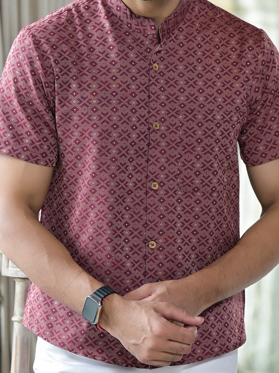 Maroon Woven Mandarin Collar Shirt