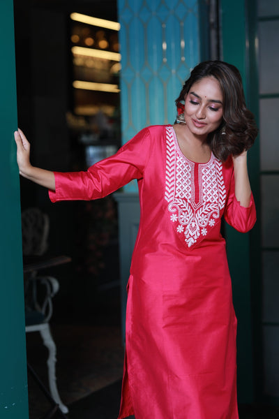 Hot Pink Embroidered Cotton Silk Kurta Set