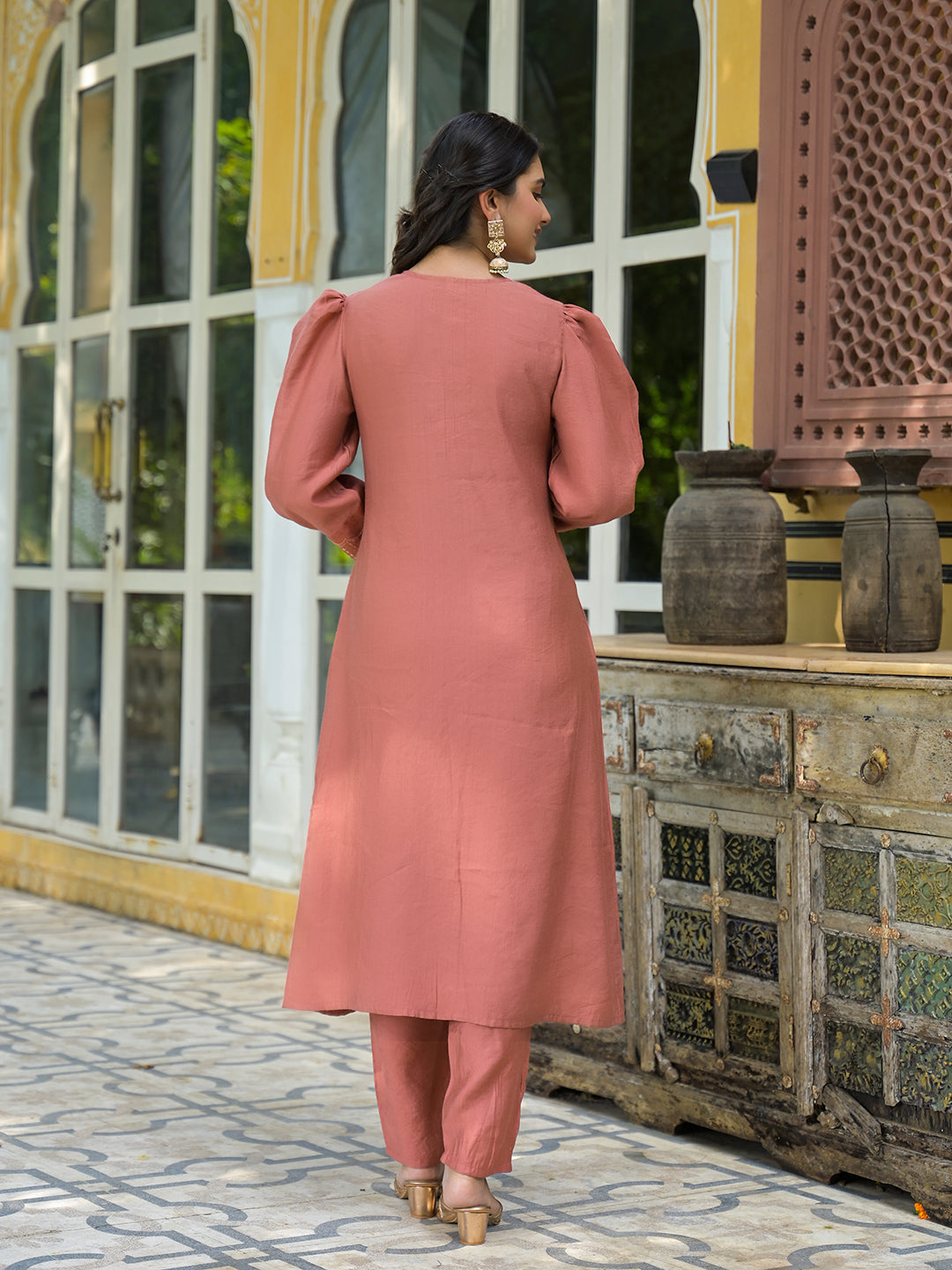 Brick Red A-Line Kurta Set With Dupatta