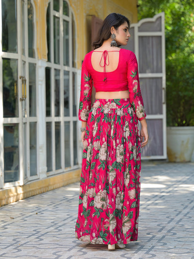 Magenta Floral Print Chinnon Lehenga Choli