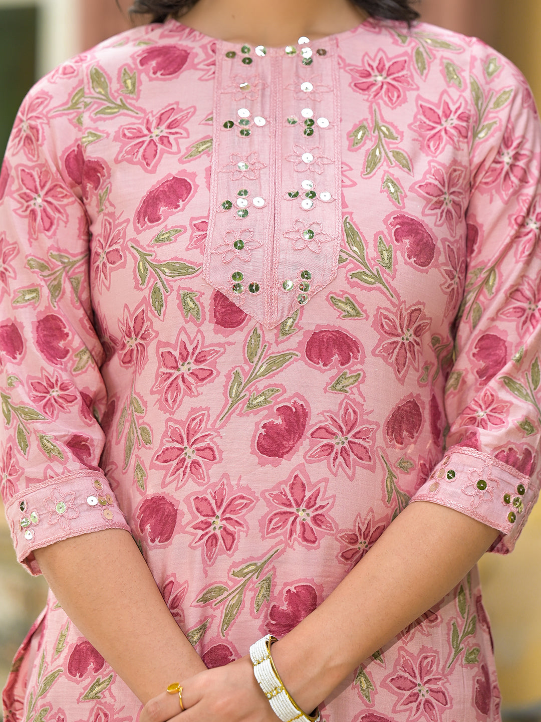 Blush Pink Floral Kurta Set With Dupatta