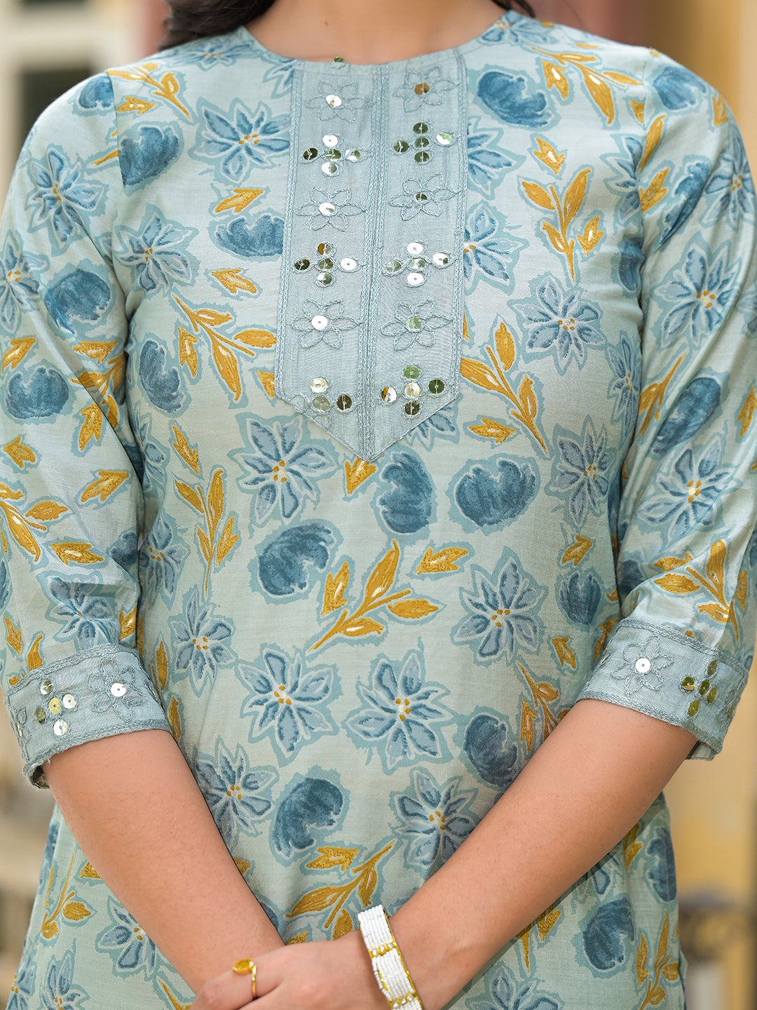 Dusty Blue Floral Kurta Set With Dupatta