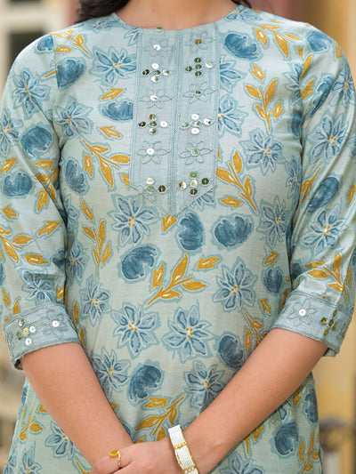 Dusty Blue Floral Kurta Set With Dupatta