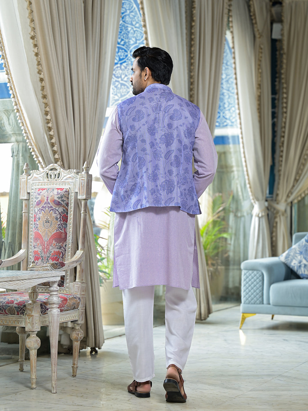 Lilac Color Floral print nehru jacket set