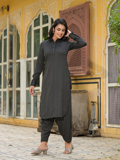 Black Self Design Pathani Kurta