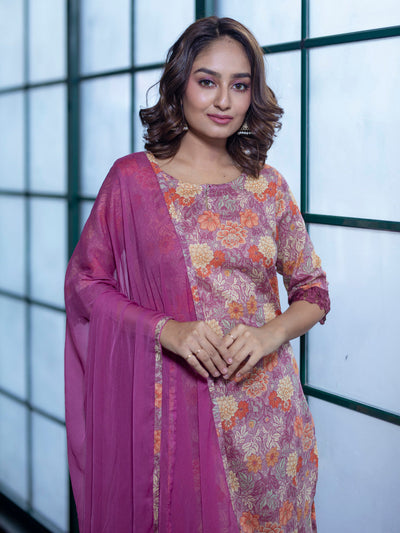 Pink Floral printed Kurta Set with Dupatta