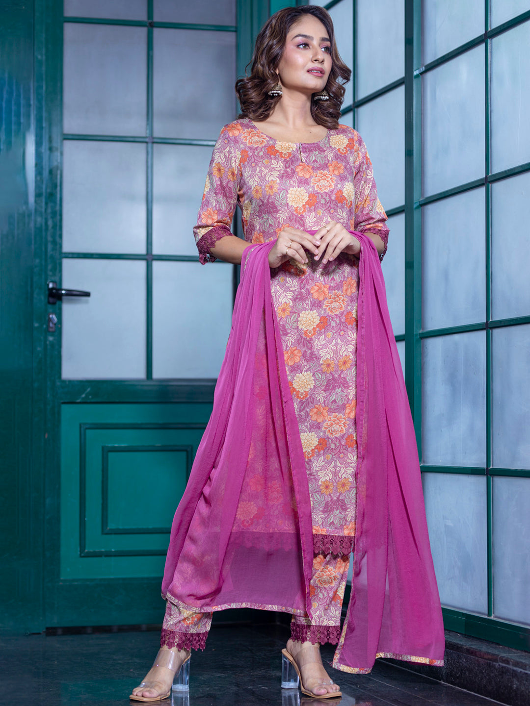 Pink Floral printed Kurta Set with Dupatta