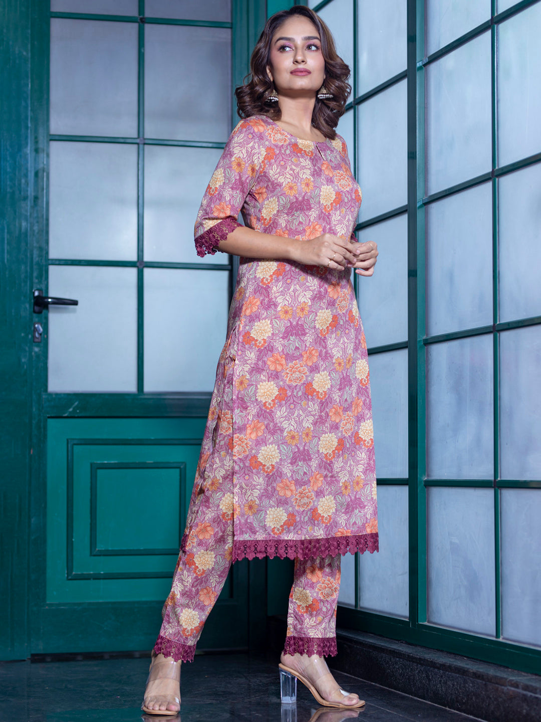 Pink Floral printed Kurta Set with Dupatta