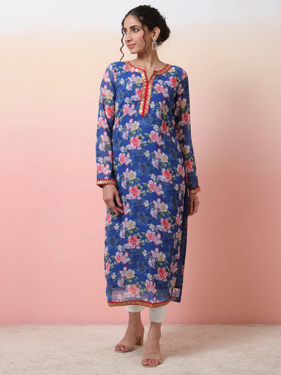 Blue Floral Print Kurta With Lace Details