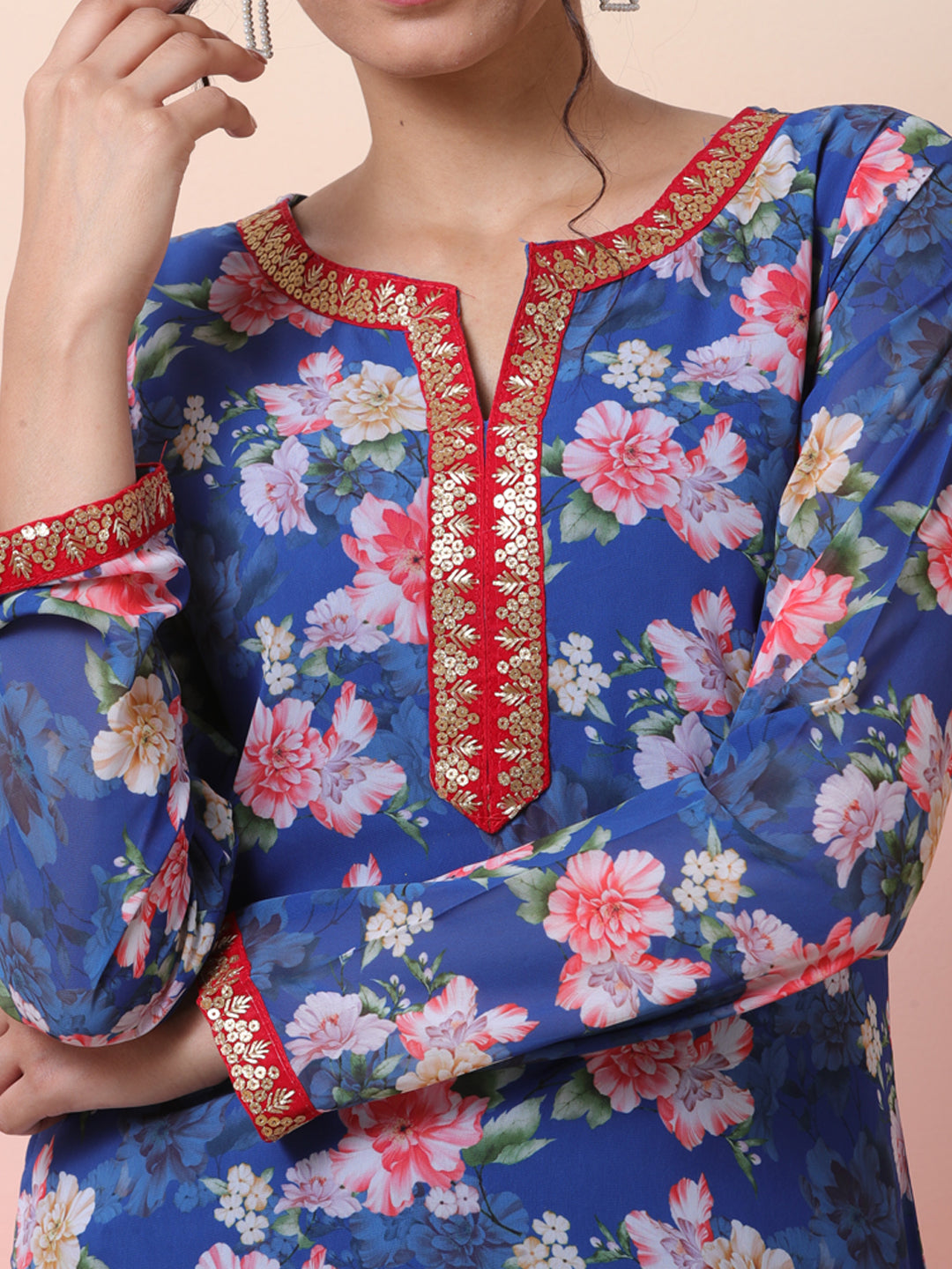 Blue Floral Print Kurta With Lace Details