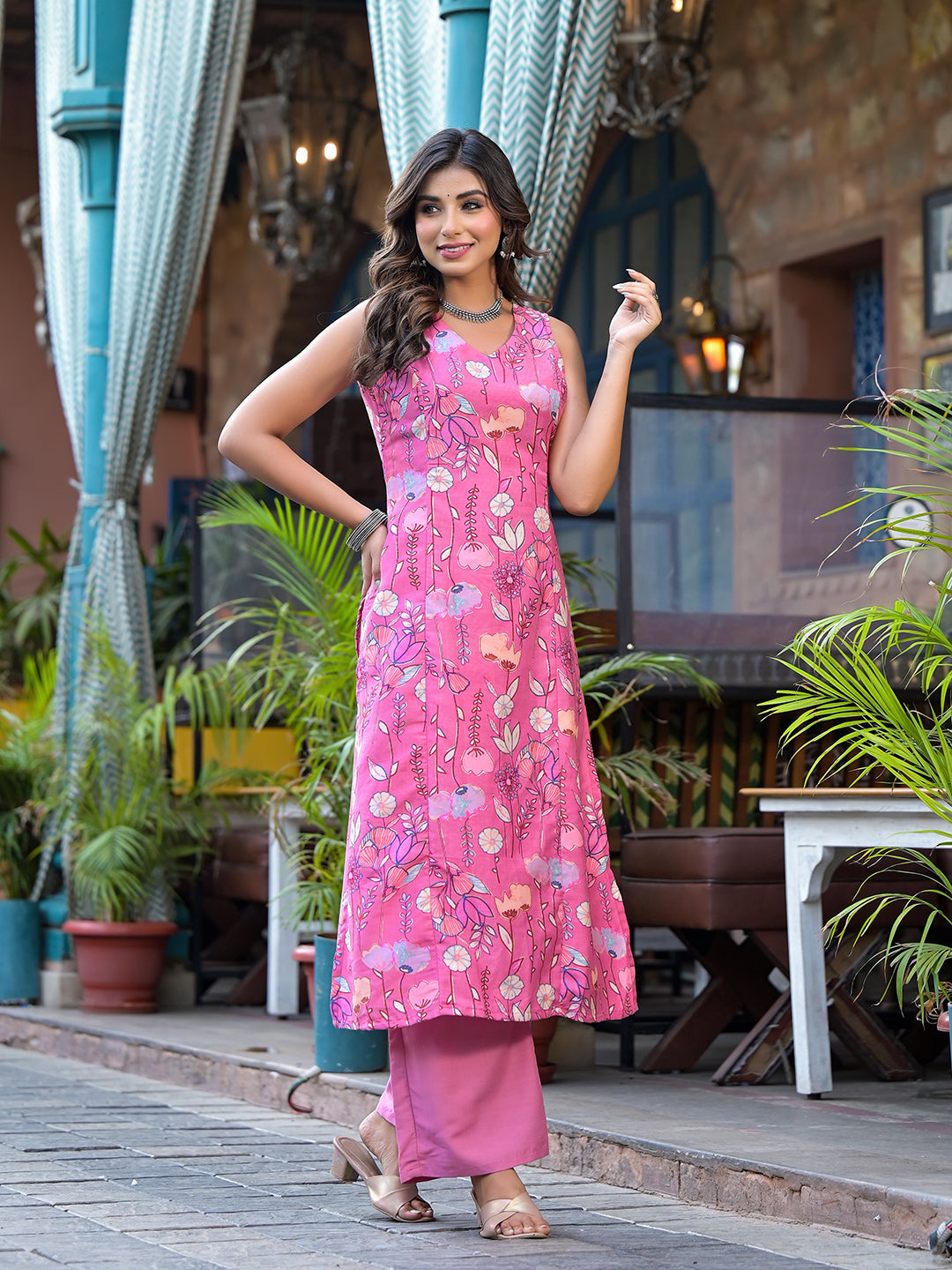 Blush Pink rayon Foil printed Kurta Set