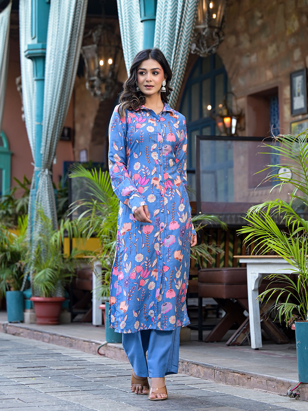 Sky Blue rayon Button Down Kurta Set