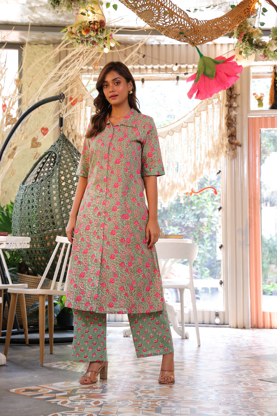 Green & Pink Ethnic Motif A-Line Kurta Set