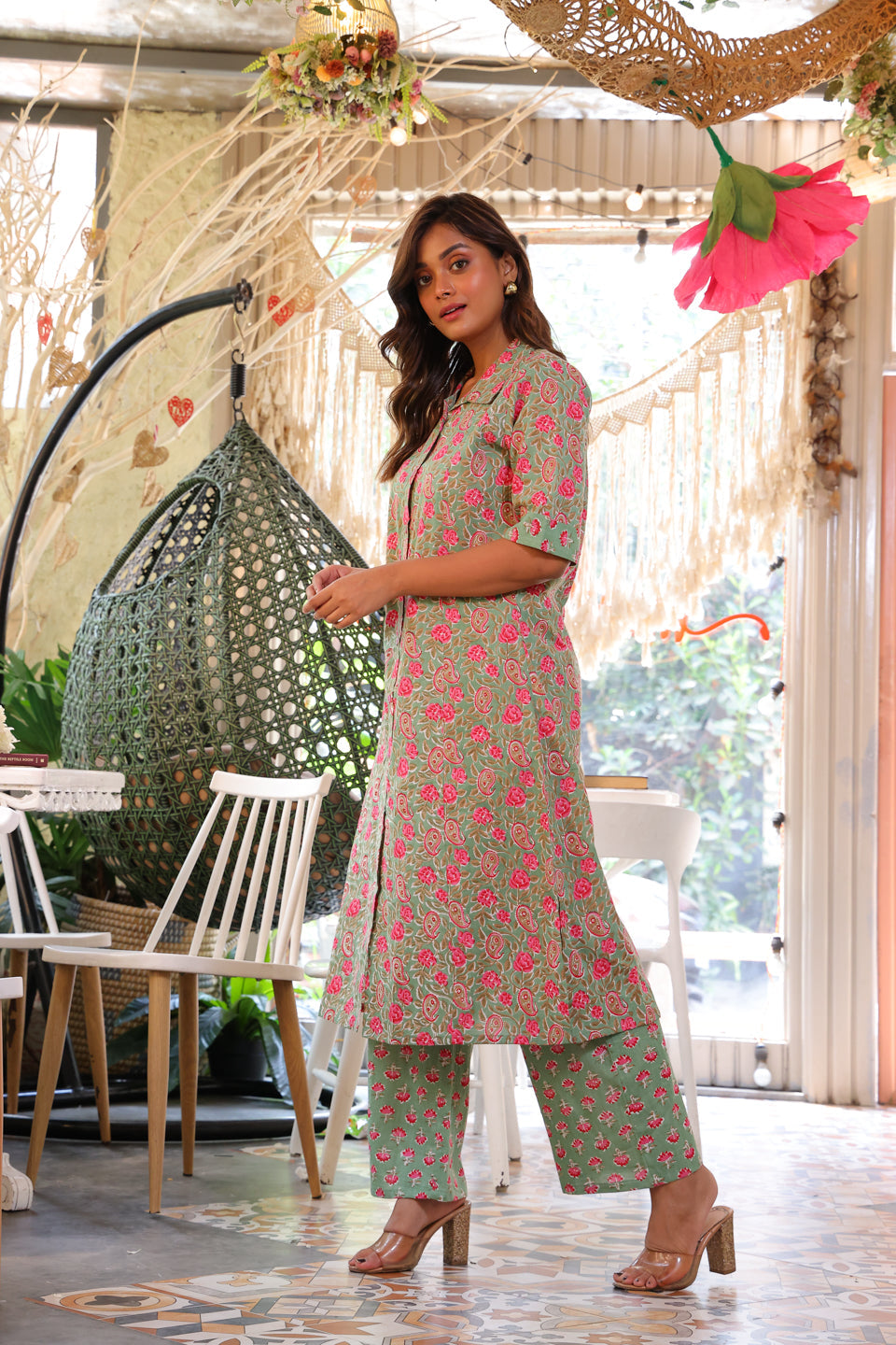 Green & Pink Ethnic Motif A-Line Kurta Set