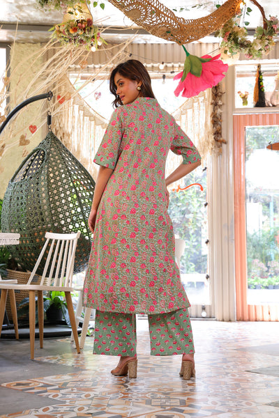 Green & Pink Ethnic Motif A-Line Kurta Set