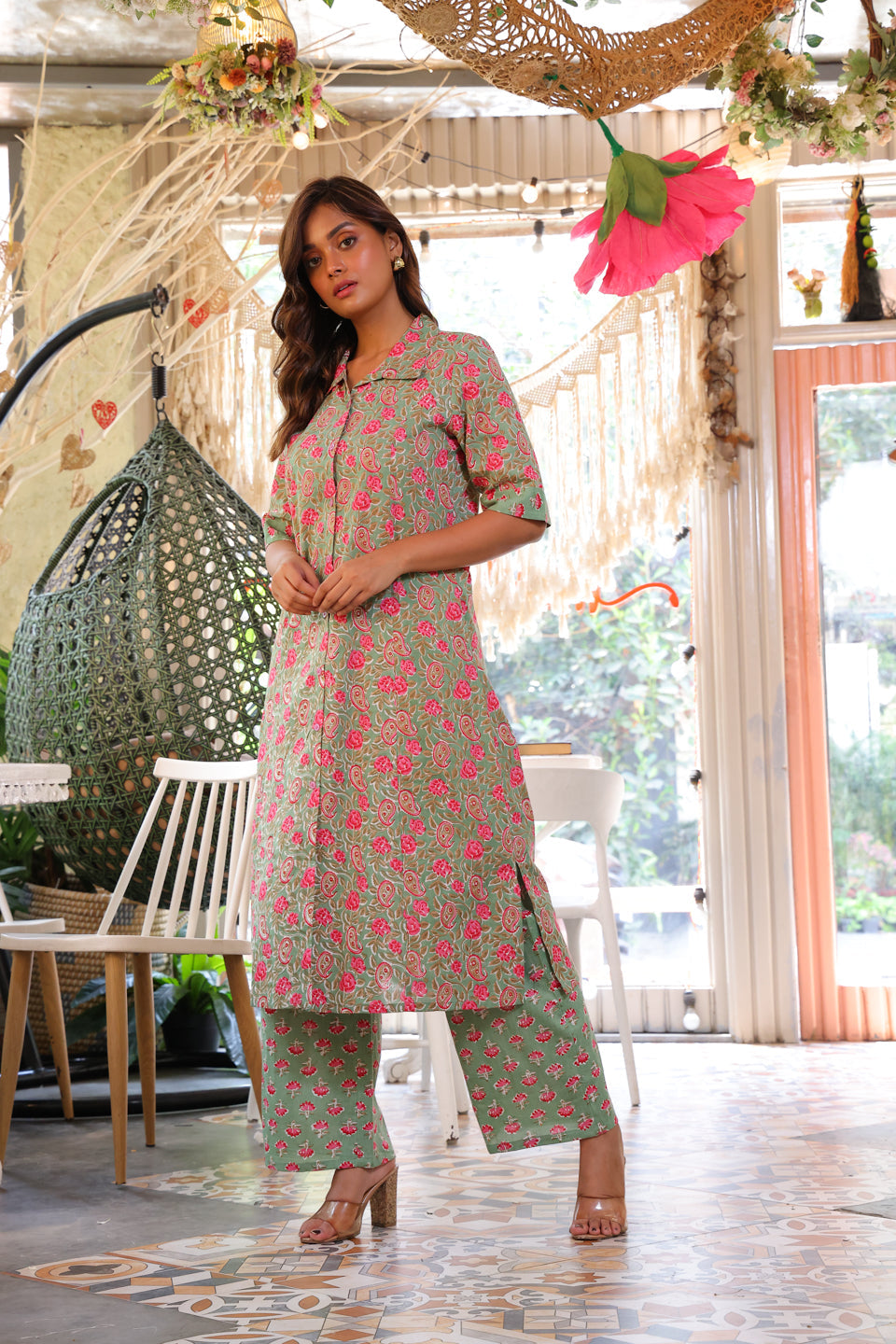 Green & Pink Ethnic Motif A-Line Kurta Set