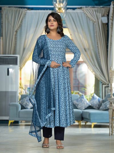 Icy Blue Mughal print Muslin Anarkali Suit with printed dupatta