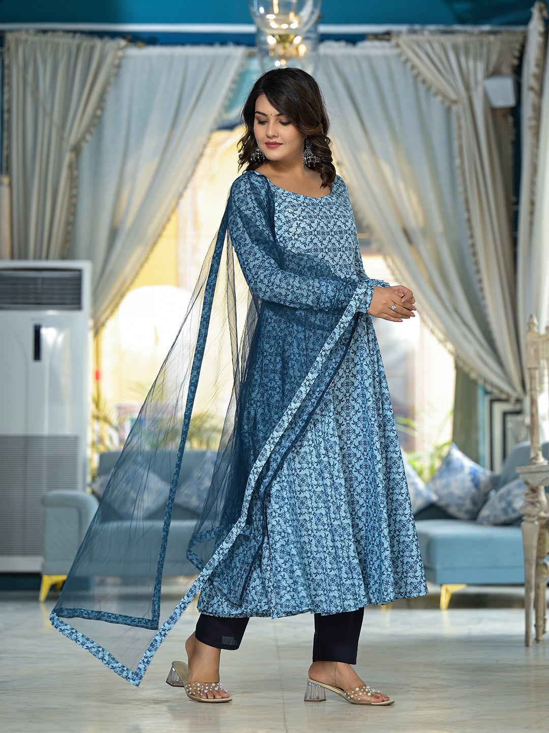 Icy Blue Mughal print Muslin Anarkali Suit with printed dupatta