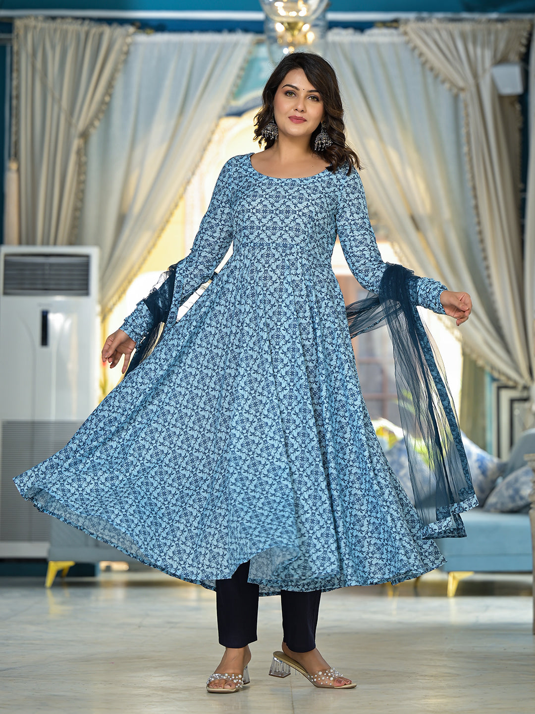 Icy Blue Mughal print Muslin Anarkali Suit with printed dupatta