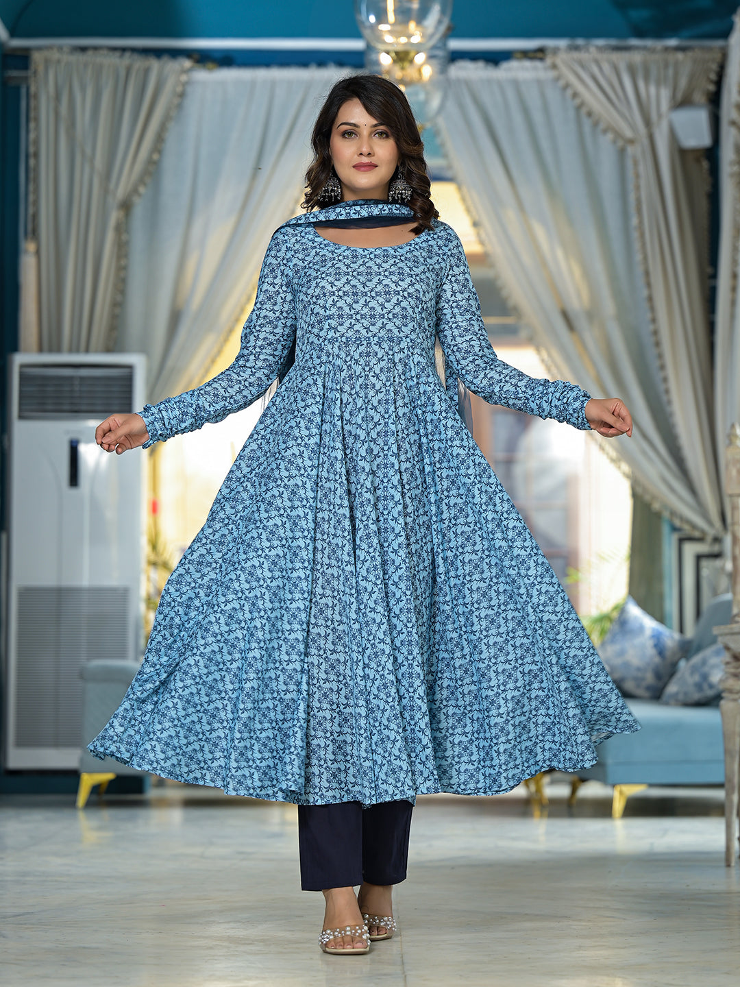 Icy Blue Mughal print Muslin Anarkali Suit with printed dupatta