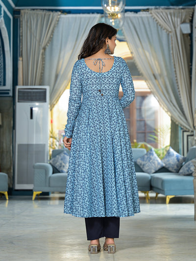 Icy Blue Mughal print Muslin Anarkali Suit with printed dupatta