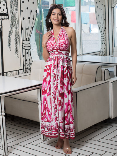 Strawberry Pink Halter Neck maxi Dress